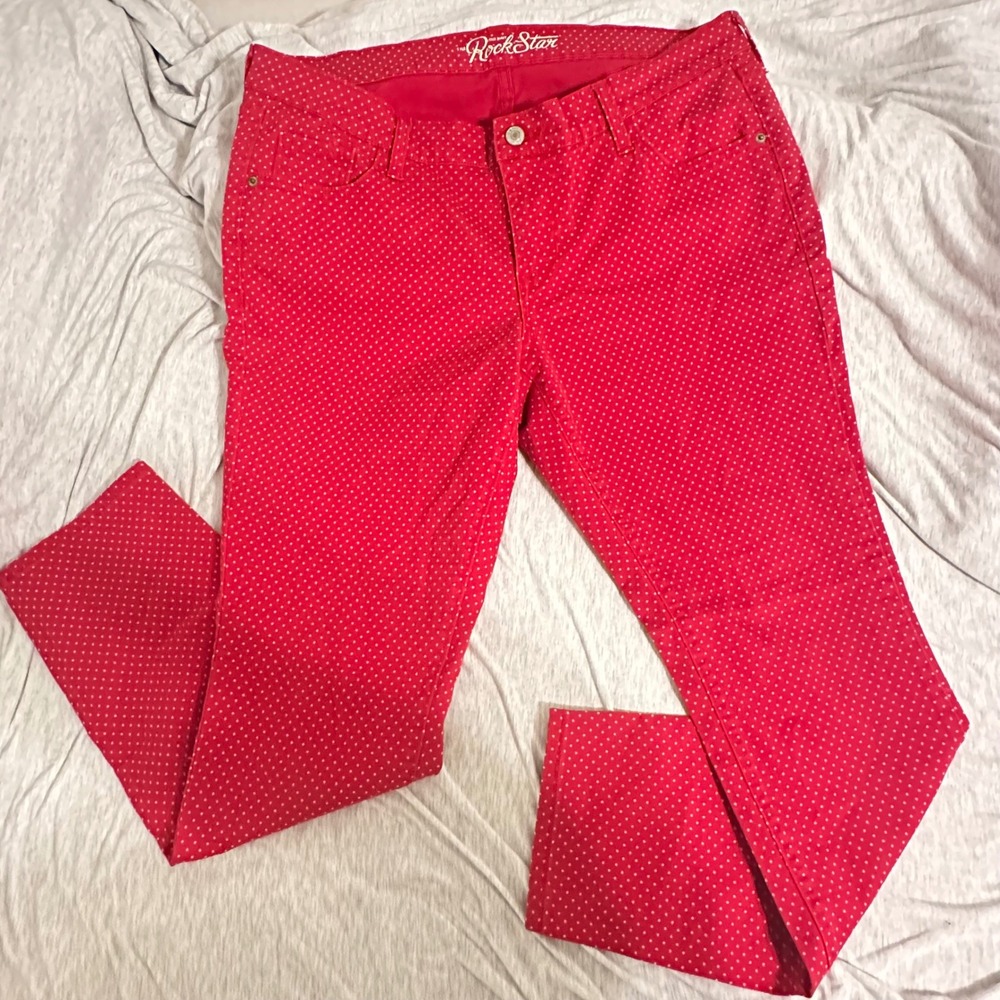 Old Navy Rockstar Skinny Jeans Womens 16 Red Polka Dot Excellent Stretch Denim